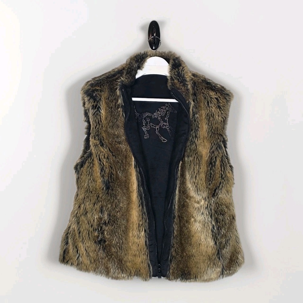 Women's Brown Faux Fur Zip Vest - Sleeveless Layering Coat
